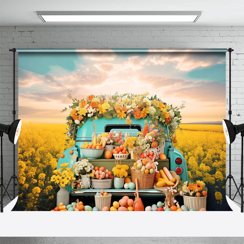 Aperturee - Blue Truck Rapeseed Flowers Eggs Easter Backdrop