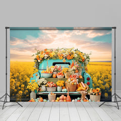 Aperturee - Blue Truck Rapeseed Flowers Eggs Easter Backdrop