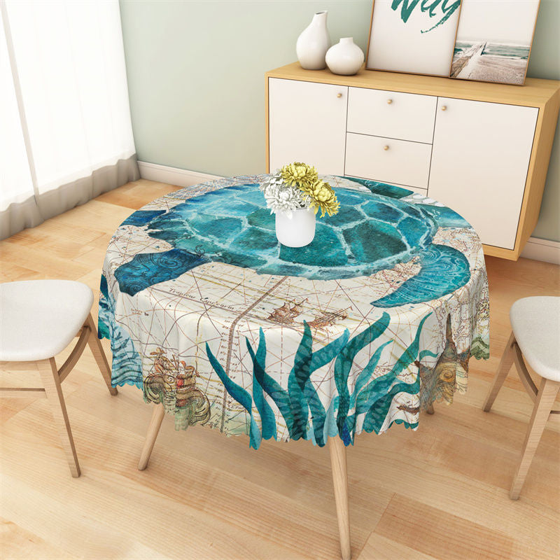 Aperturee - Blue Turtle Seaweed Geographical Round Tablecloth