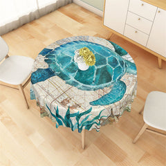 Aperturee - Blue Turtle Seaweed Geographical Round Tablecloth