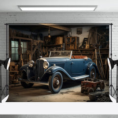 Aperturee - Blue Vintage Car Garage Photo Architecture Backdrop