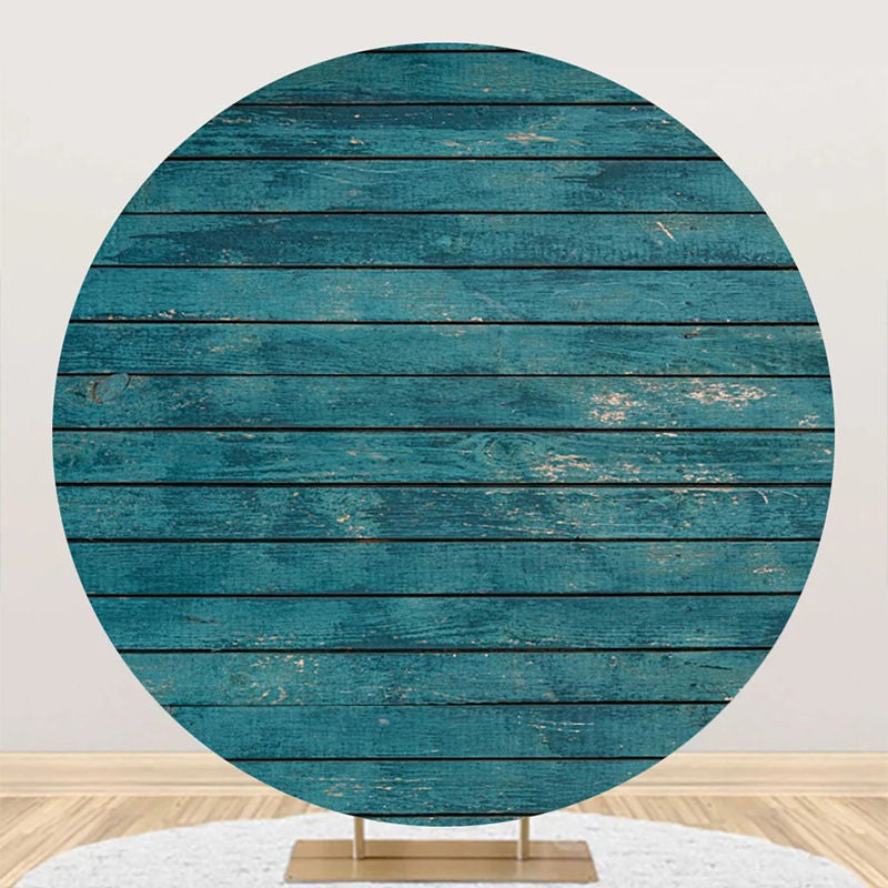 Aperturee - Blue Vintage Wooden Plank Round Birthday Backdrop