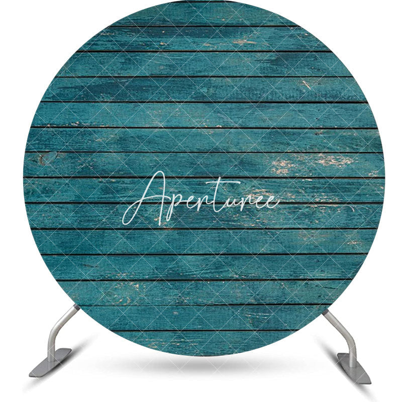 Aperturee - Blue Vintage Wooden Plank Round Birthday Backdrop