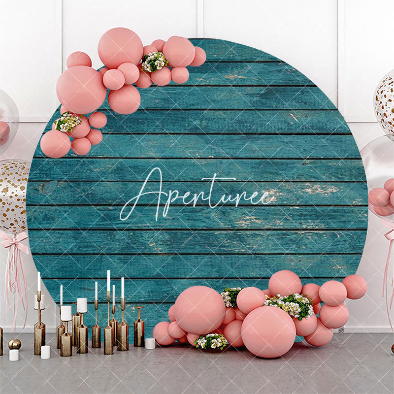 Aperturee - Blue Vintage Wooden Plank Round Birthday Backdrop