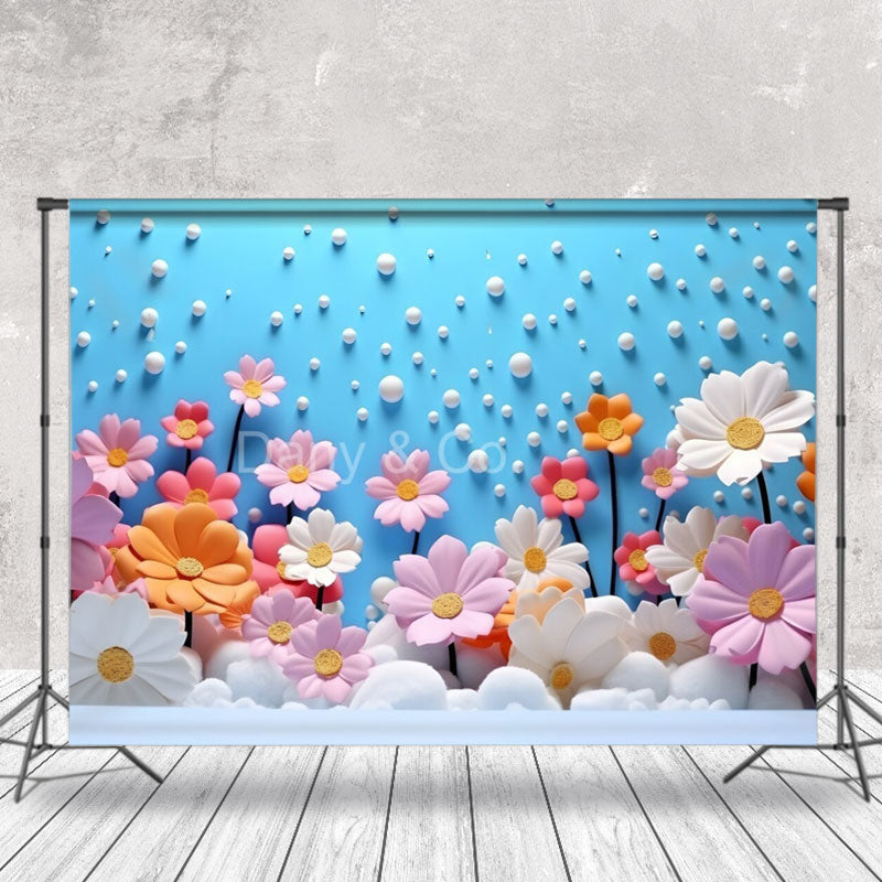 Aperturee - Blue Wall Colorful Flowers Cake Smash Backdrop Kids