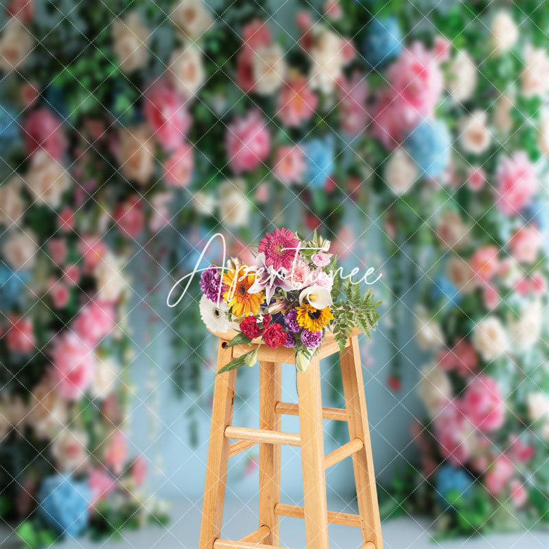 Aperturee - Blue Wall Colorful Spring Floral Leaves Backdrop