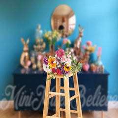 Aperturee - Blue Wall Gold Rabbit Ornament Photo Easter Backdrop