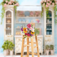 Aperturee - Blue Wall Pink Floral Delicate Wood Cupboard Backdrop