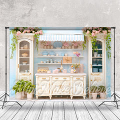 Aperturee - Blue Wall Pink Floral Delicate Wood Cupboard Backdrop