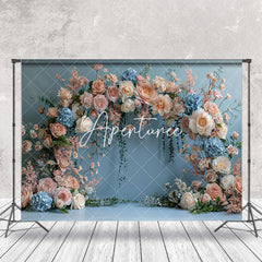 Aperturee - Blue Wall Pink White Spring Floral Wedding Backdrop