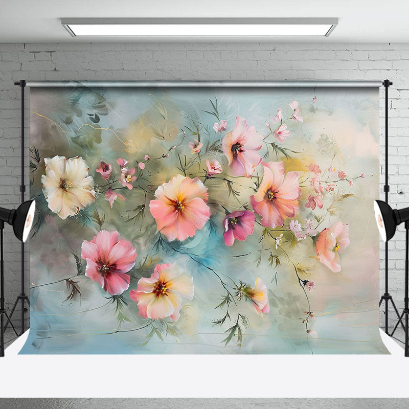 Aperturee - Blue Wall White Pink Oil Floral Fine Art Backdrop