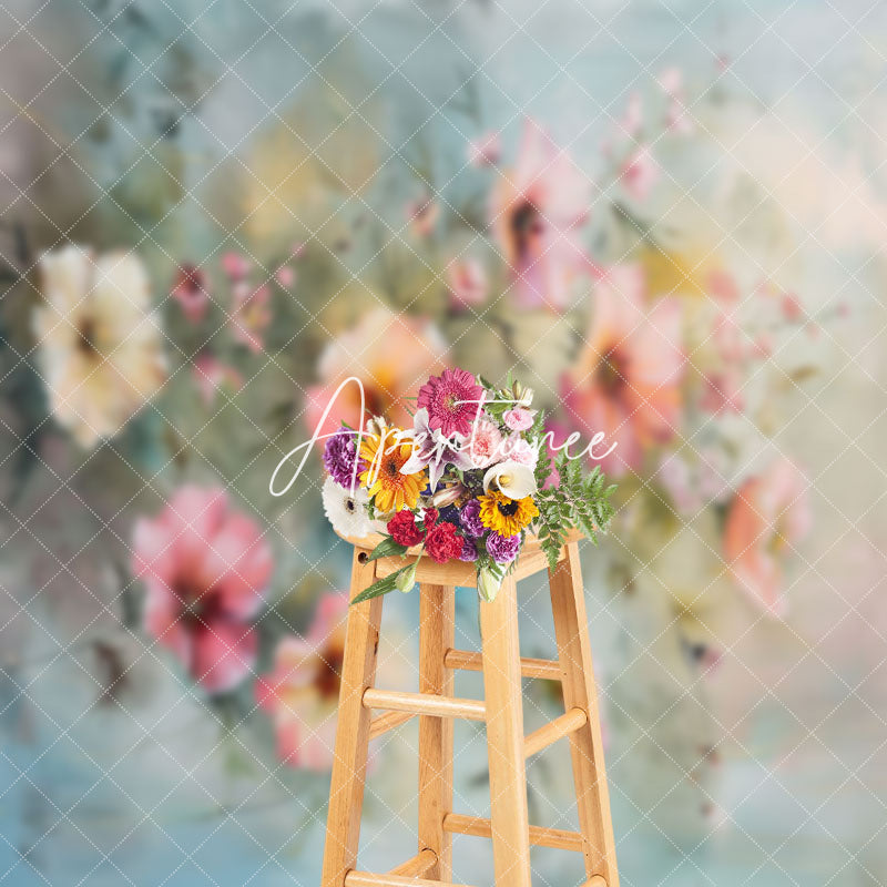 Aperturee - Blue Wall White Pink Oil Floral Fine Art Backdrop