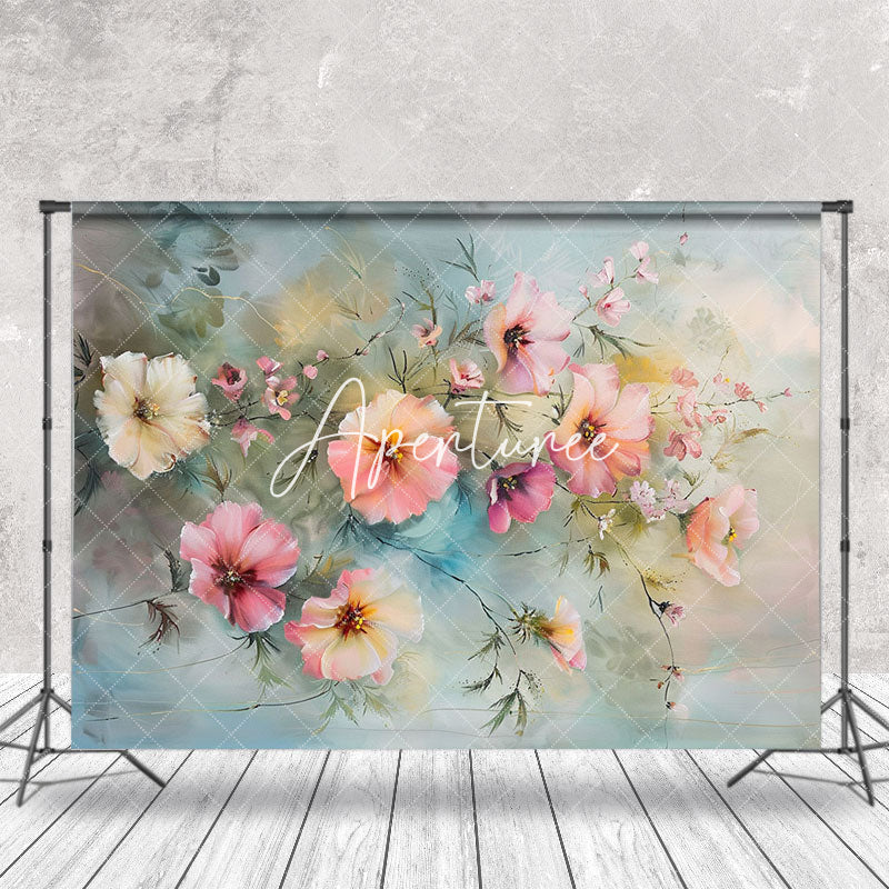 Aperturee - Blue Wall White Pink Oil Floral Fine Art Backdrop