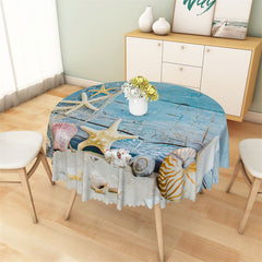 Aperturee - Blue Water Conch Shell Beach Summer Round Tablecloth