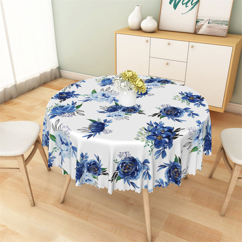 Aperturee - Blue Watercolor Floral And Leaves Round Tablecloth