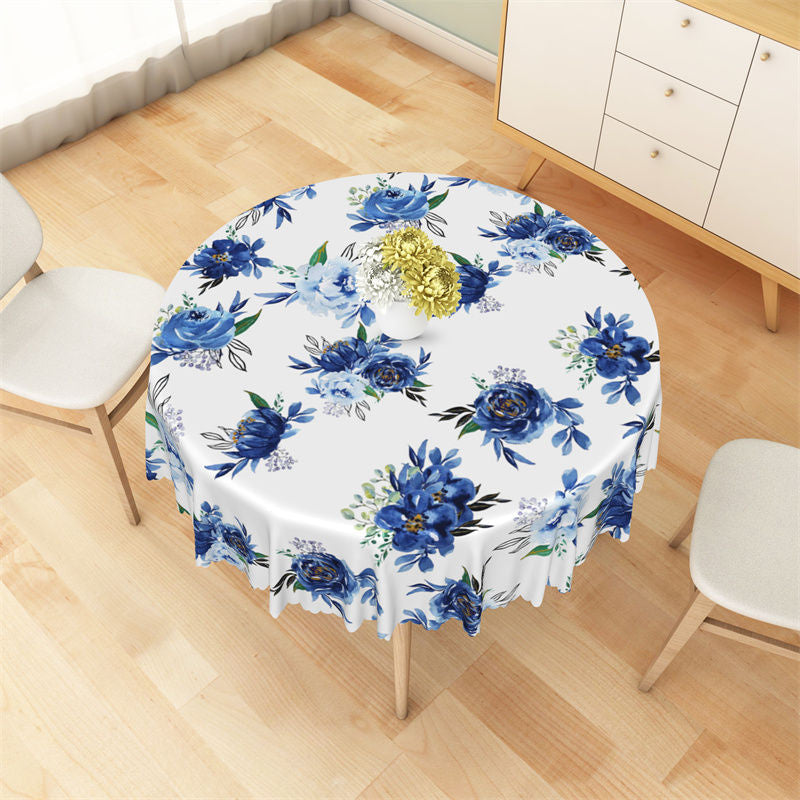 Aperturee - Blue Watercolor Floral And Leaves Round Tablecloth