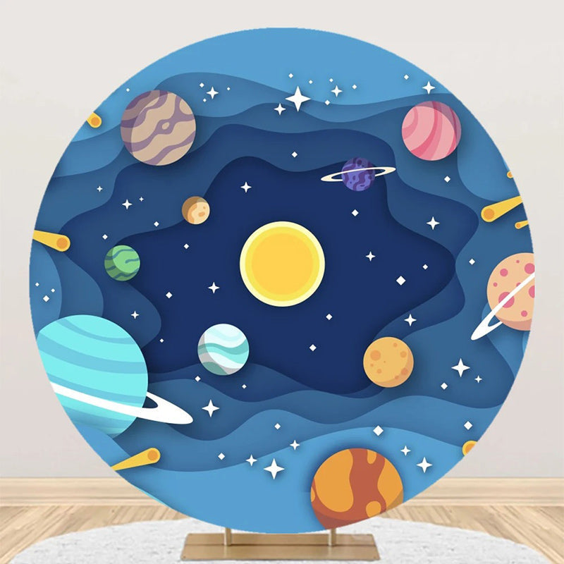 Aperturee - Blue Wavy Galaxy Planet Star Round Birthday Backdrop