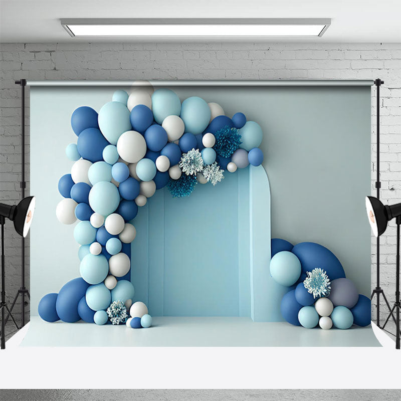 Aperturee - Blue White Balloon Floral Birthday Cake Smash Backdrop