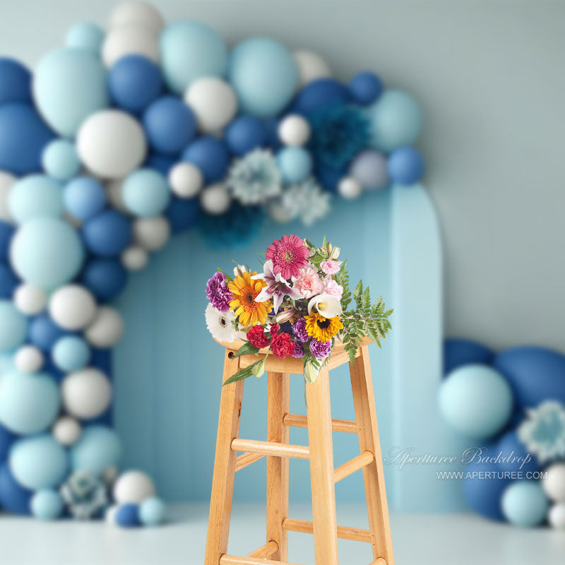 Aperturee - Blue White Balloon Floral Birthday Cake Smash Backdrop