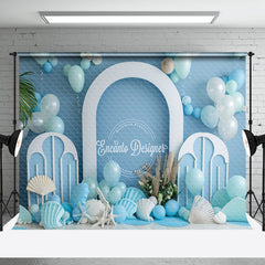 Aperturee - Blue White Balloon Summer Beach Cake Smash Backdrop