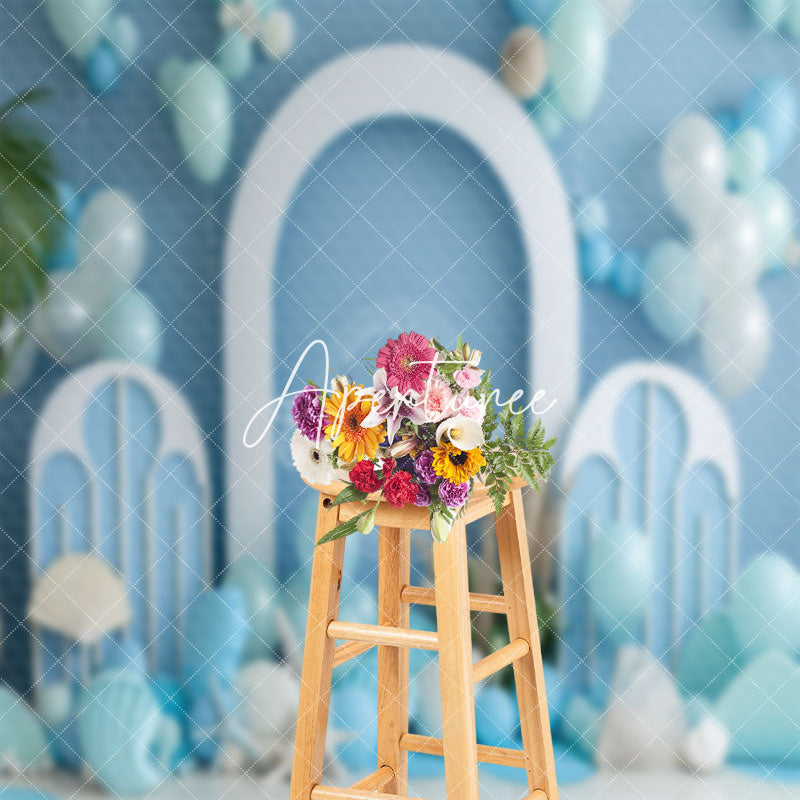 Aperturee - Blue White Balloon Summer Beach Cake Smash Backdrop