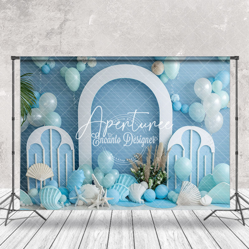 Aperturee - Blue White Balloon Summer Beach Cake Smash Backdrop