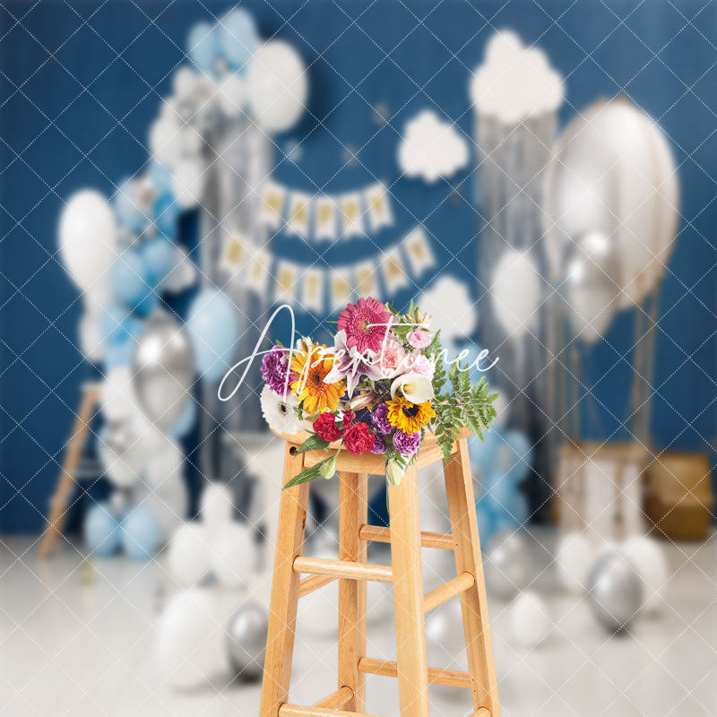 Aperturee - Blue White Balloons 1st Birthday Cake Smash Backdrop