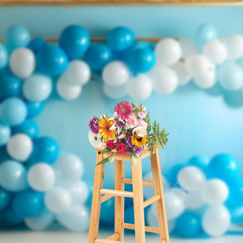 Aperturee - Blue White Balloons Gold Curtain Birthday Backdrop