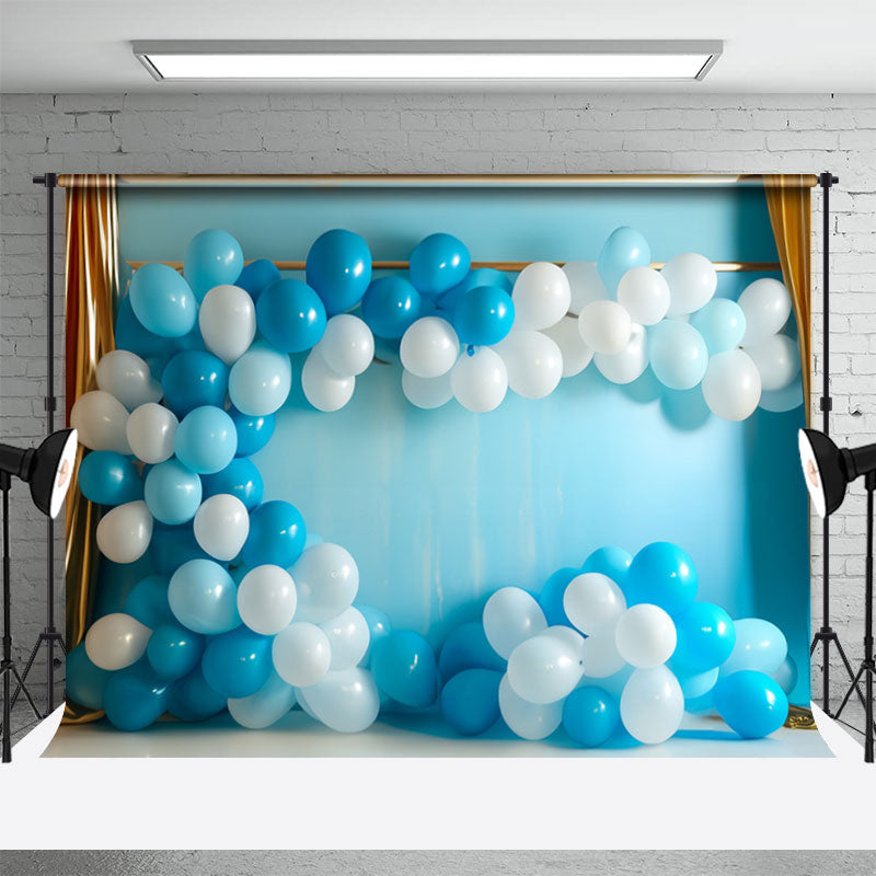 Aperturee - Blue White Balloons Gold Curtain Birthday Backdrop