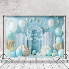 Aperturee - Blue White Balloons Shell Summer Cake Smash Backdrop