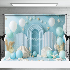 Aperturee - Blue White Balloons Shell Summer Cake Smash Backdrop