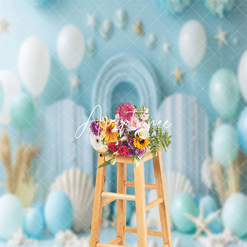 Aperturee - Blue White Balloons Shell Summer Cake Smash Backdrop