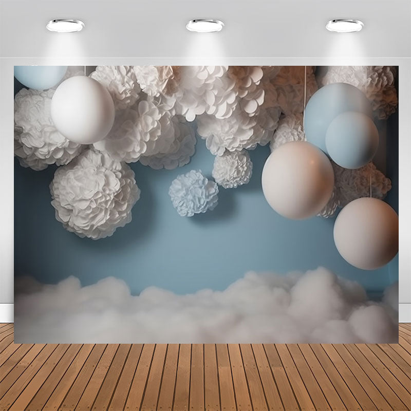 Aperturee - Blue White Balloons Velvet Flower Birthday Backdrop