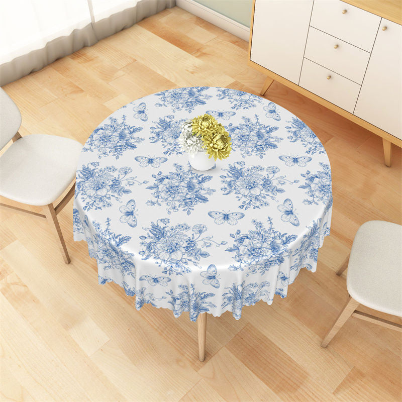 Aperturee - Blue White Butterfly Floral Pattern Round Tablecloth