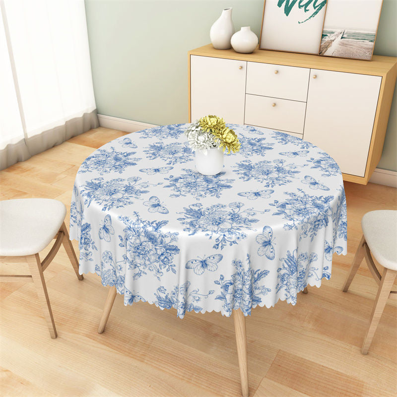 Aperturee - Blue White Butterfly Floral Pattern Round Tablecloth