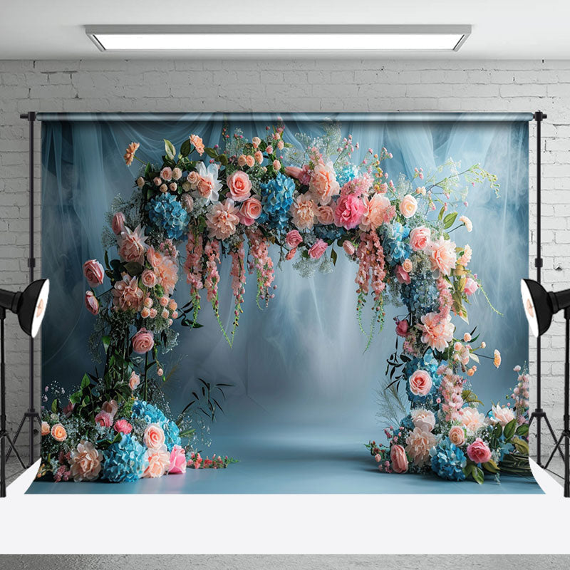 Aperturee - Blue White Chiffon Arch Floral Backdrop For Wedding