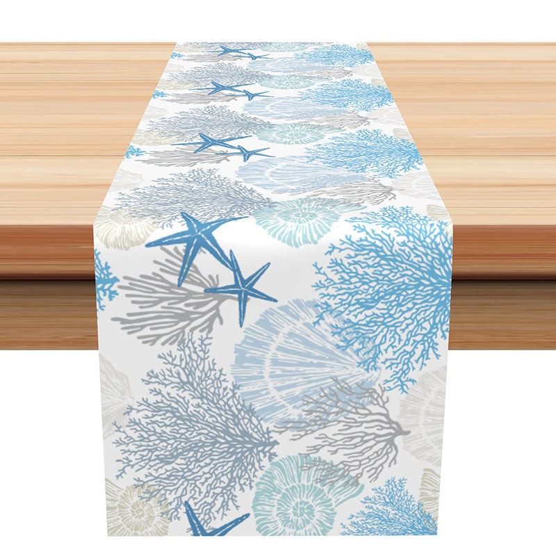 Aperturee - Blue White Coral Conch Starfish Coastal Table Runner