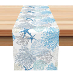 Aperturee - Blue White Coral Conch Starfish Coastal Table Runner