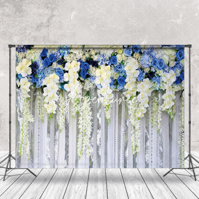 Aperturee - Blue White Floral Valentines Day Backdrop For Photo