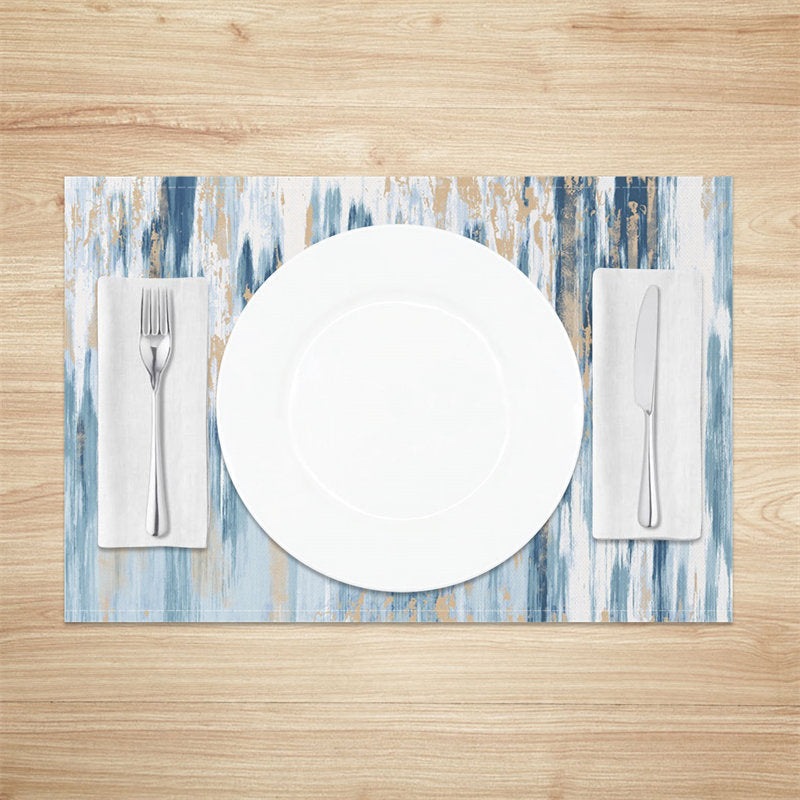 Aperturee - Blue White Gold Abstract Fabric Set Of 4 Placemats