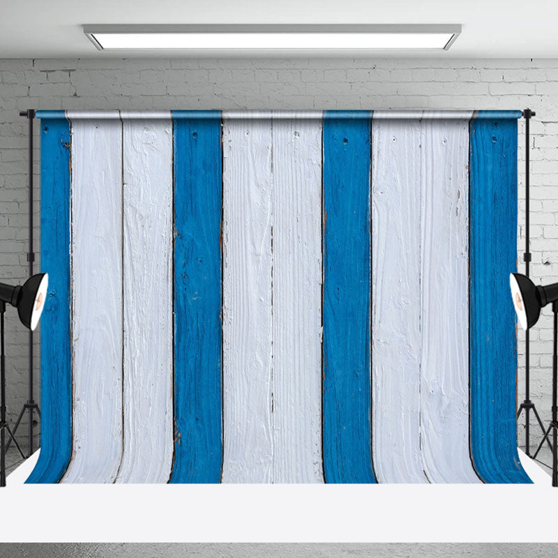 Aperturee - Blue White Painted Vertical Stripe Wood Backdrop