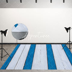 Aperturee - Blue White Painted Vertical Stripe Wood Floor Mat