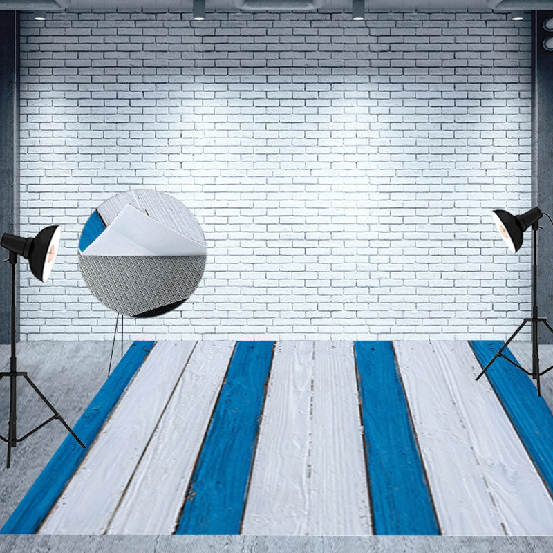 Aperturee - Blue White Painted Vertical Stripe Wood Floor Mat