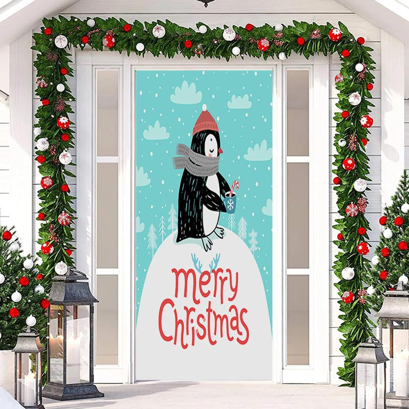 Aperturee - Blue White Penguin Snowy Merry Christmas Door Cover