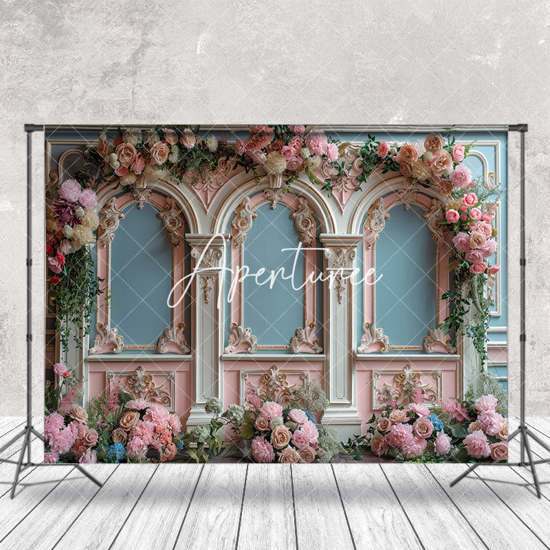 Aperturee - Blue White Pink Floral Luxury Retro Wall Backdrop