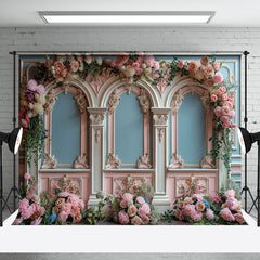 Aperturee - Blue White Pink Floral Luxury Retro Wall Backdrop