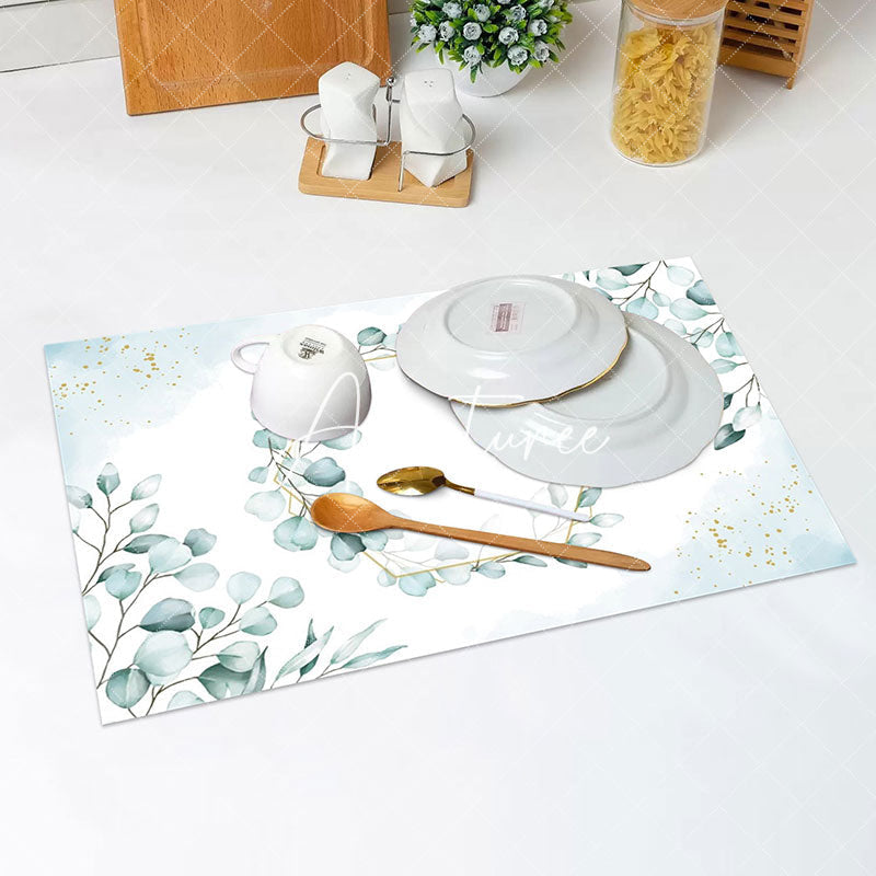 Aperturee - Blue White Spring Leaves Dining Set Of 4 Placemats