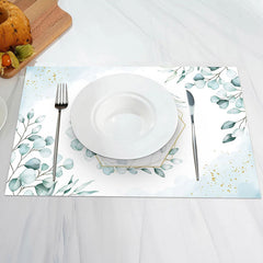 Aperturee - Blue White Spring Leaves Dining Set Of 4 Placemats