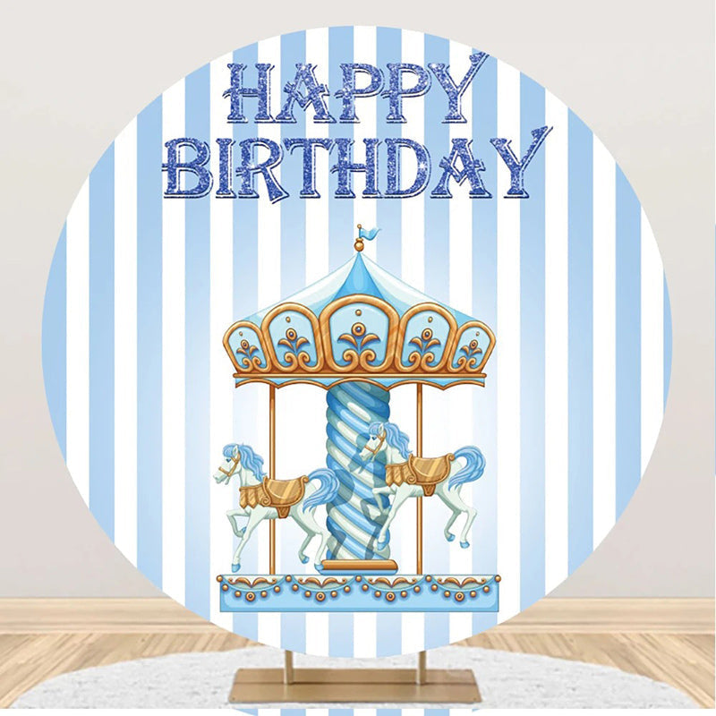 Aperturee - Blue White Stripe Circus Round Birthday Backdrop