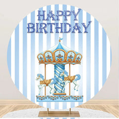 Aperturee - Blue White Stripe Circus Round Birthday Backdrop